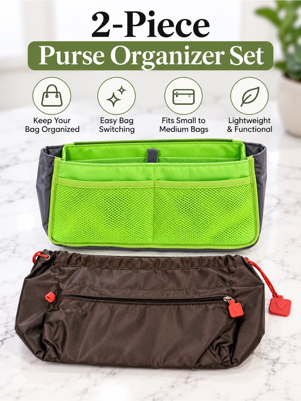 MIB Purse Organizer Insert Set of 2 Bag Liner Travel Pouch Green Brown